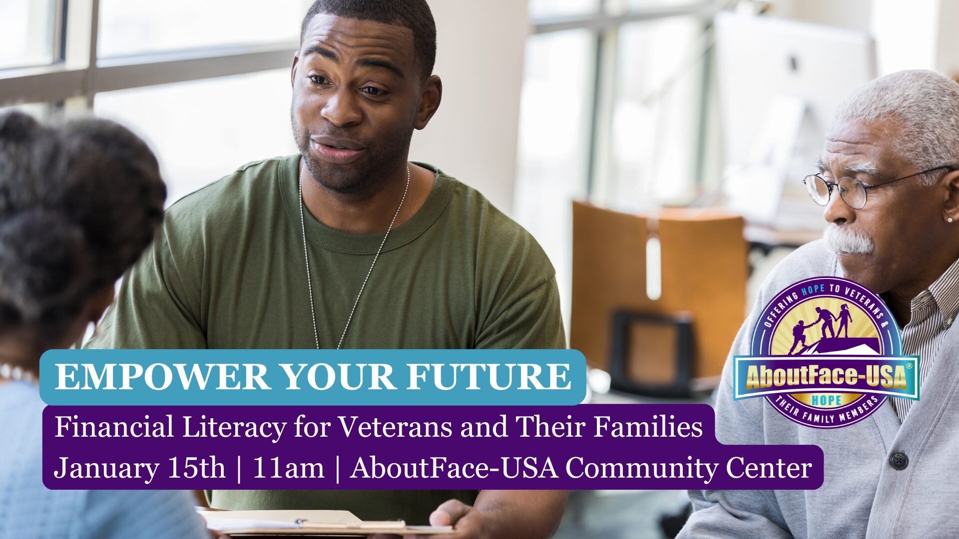 A veteran receiving financial literacy coaching from a female instructor at a community center.