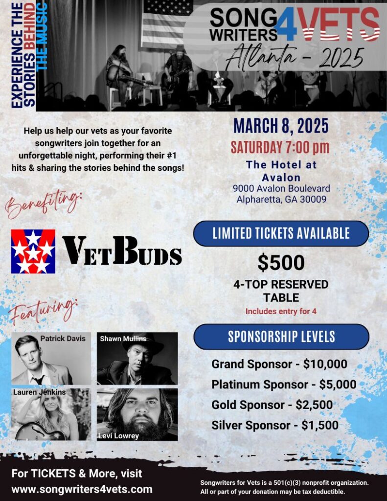 Promotional poster for Songwriters 4 Vets on March 8, 2025, at The Hotel at Avalon, featuring sponsorship levels and Nashville artists performing for veterans.