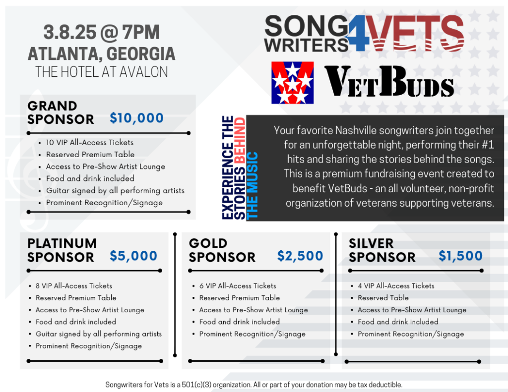 Sponsorship levels for Songwriters 4 Vets event on March 8, 2025, at The Hotel at Avalon, benefiting veterans through live music and storytelling.